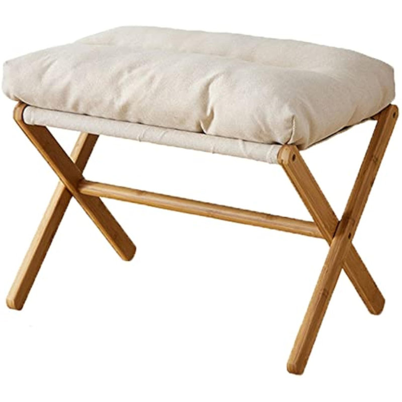 Folding Upholstered Footrest Stool Small Accent Ottoman With Thick Cotton Cushion Bamboo X Legs Modern Padded Sofa Stool For Makeup Bedroom Living